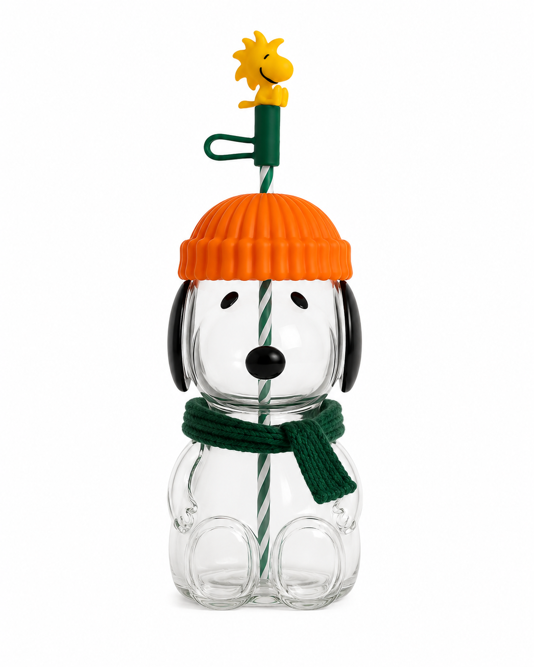 Front view of the Pup-kin glass cup with orange pumpkin lid, green scarf and yellow Woodstock straw topper.