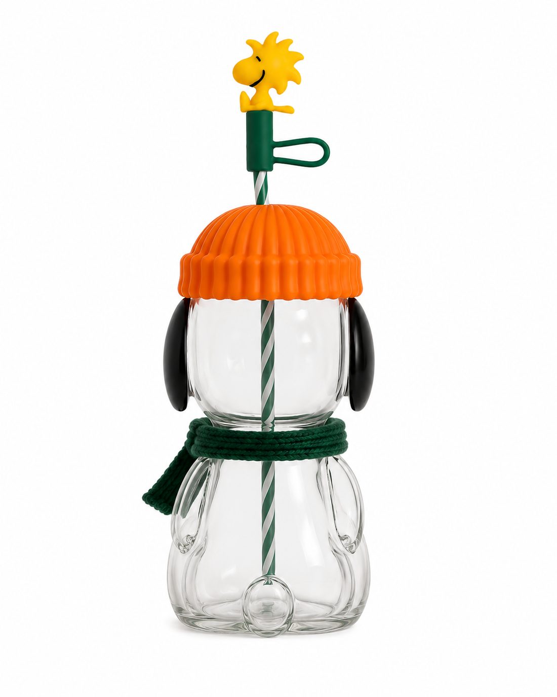 Back view of the Pup-kin glass cup showing the orange pumpkin lid, green scarf and reusable striped straw.